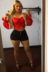 Red Shirred Wrap Over Bardot Crop Top - Zuri