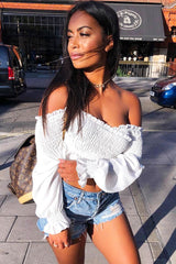 White Shirred Wrap Over Bardot Crop Top - Zuri