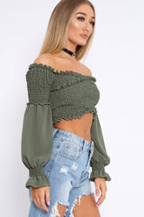 Khaki Shirred Wrap Over Bardot Crop Top - Zuri