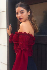 Wine Shirred Wrap Over Bardot Crop Top - Zuri