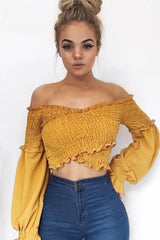 Mustard Shirred Wrap Over Bardot Crop Top - Zuri