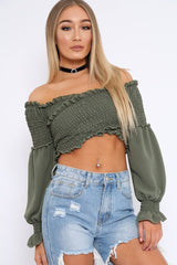 Khaki Shirred Wrap Over Bardot Crop Top - Zuri