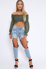 Khaki Shirred Wrap Over Bardot Crop Top - Zuri