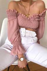 Pink Shirred Wrap Over Bardot Crop Top - Zuri