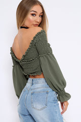 Khaki Shirred Wrap Over Bardot Crop Top - Zuri
