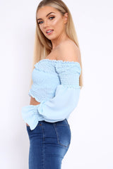 Powder Blue Shirred Wrap Over Bardot Crop Top - Zuri