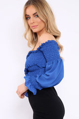 Blue Shirred Wrap Over Bardot Crop Top - Zuri