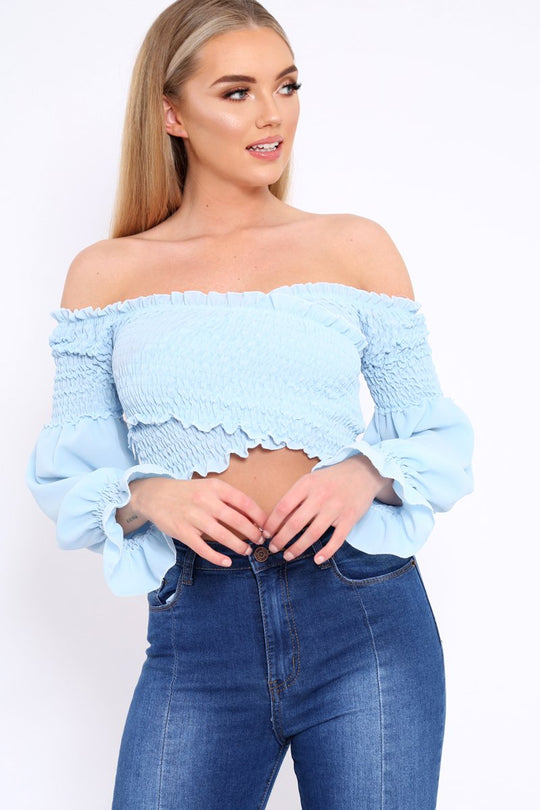 Powder Blue Shirred Wrap Over Bardot Crop Top - Zuri
