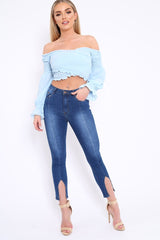 Powder Blue Shirred Wrap Over Bardot Crop Top - Zuri