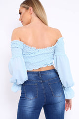 Powder Blue Shirred Wrap Over Bardot Crop Top - Zuri