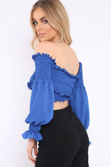 Blue Shirred Wrap Over Bardot Crop Top - Zuri