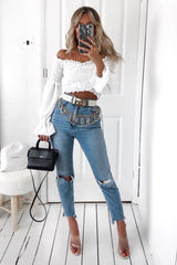 White Shirred Wrap Over Bardot Crop Top - Zuri