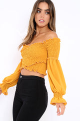 Mustard Shirred Wrap Over Bardot Crop Top - Zuri