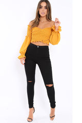 Mustard Shirred Wrap Over Bardot Crop Top - Zuri