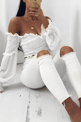 White Shirred Wrap Over Bardot Crop Top - Zuri