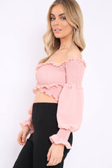 Pink Shirred Wrap Over Bardot Crop Top - Zuri