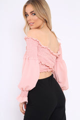 Pink Shirred Wrap Over Bardot Crop Top - Zuri