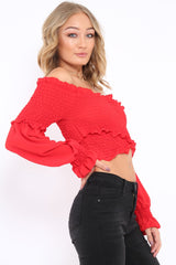 Red Shirred Wrap Over Bardot Crop Top - Zuri