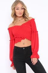 Red Shirred Wrap Over Bardot Crop Top - Zuri