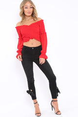 Red Shirred Wrap Over Bardot Crop Top - Zuri
