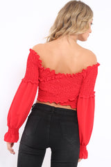 Red Shirred Wrap Over Bardot Crop Top - Zuri