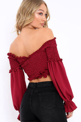 Wine Shirred Wrap Over Bardot Crop Top - Zuri