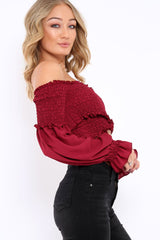 Wine Shirred Wrap Over Bardot Crop Top - Zuri