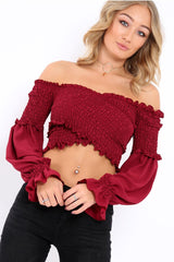 Wine Shirred Wrap Over Bardot Crop Top - Zuri