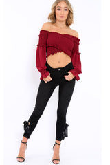 Wine Shirred Wrap Over Bardot Crop Top - Zuri