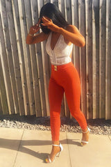 Orange Tapered Trousers With Gold Buckle - Zyana