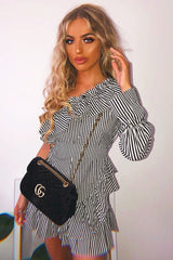 Black and White Stripe One Shoulder Frill Dress - Zyann