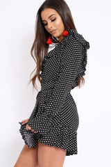 Black and White Polka Dot One Shoulder Frill Dress - Zyann