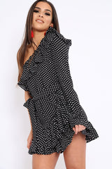 Black and White Polka Dot One Shoulder Frill Dress - Zyann