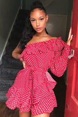 Red and white Polka Dot One Shoulder Frill Dress - Zyann