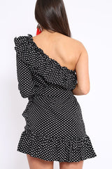 Black and White Polka Dot One Shoulder Frill Dress - Zyann