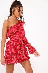 Red and white Polka Dot One Shoulder Frill Dress - Zyann