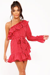 Red and white Polka Dot One Shoulder Frill Dress - Zyann
