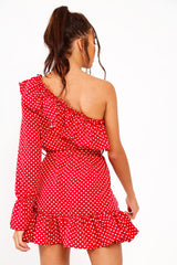 Red and white Polka Dot One Shoulder Frill Dress - Zyann