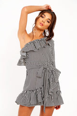 Black and White Stripe One Shoulder Frill Dress - Zyann